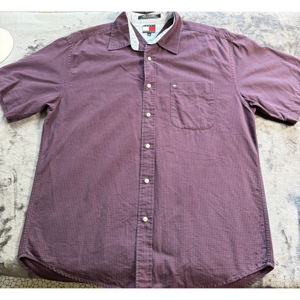 Tommy Hilfiger Mens Button Down Shirt Short Sleeve Red Check Logo